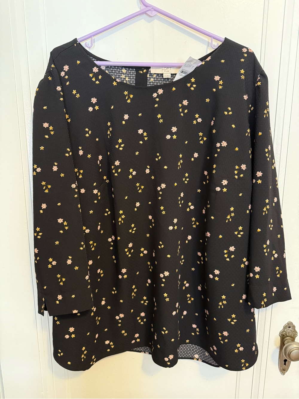LOFT Plus 3/4 Sleeve Blouse - Black with Pink & Yellow Flowers